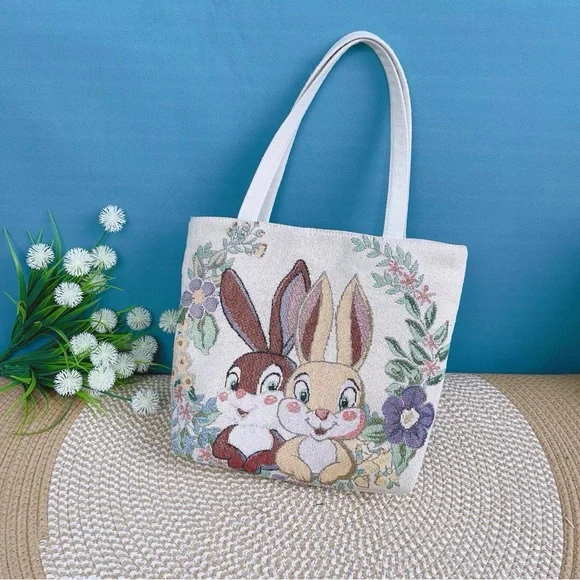Floral Bunny Cats Sunflower Girl Embroidered Tote Bag.Great Gift for girls women - Picture 1 of 7